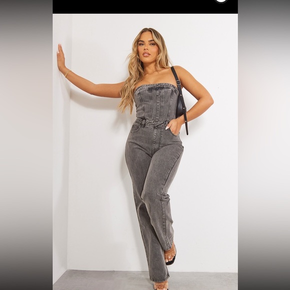 PrettyLittleThing Pants - Washed Charcoal Bandeau Denim Jumpsuit
